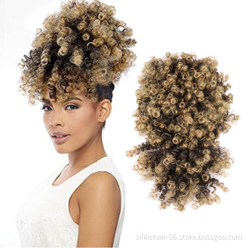 Wholesale Afro Puff Hair Pieces Brown Short Kinky Curly Chignon With Bangs Drawstring Ponytail Synthetic Hair Bun Extensions